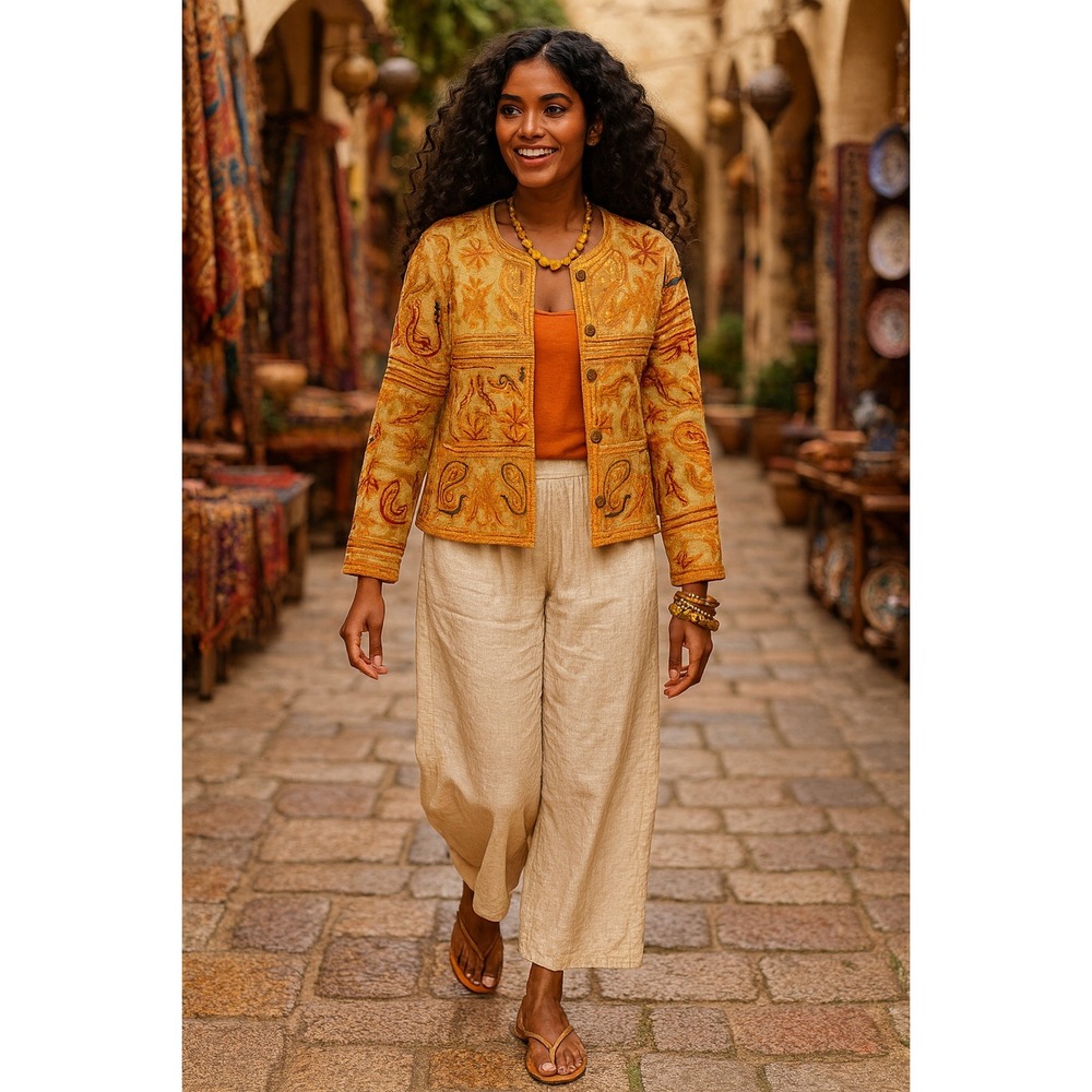 Vibrant Yellow Embroidered Cotton Artisan Jacket w/Wood Buttons Sz. L‎